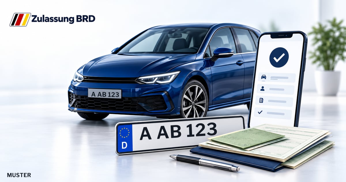 Online Fahrzeugzulassung in Diedorf: Musterkennzeichen A AB 123, Auto und Fahrzeugpapiere und Smartphone. Illustration mit Logo von Zulassung BRD.